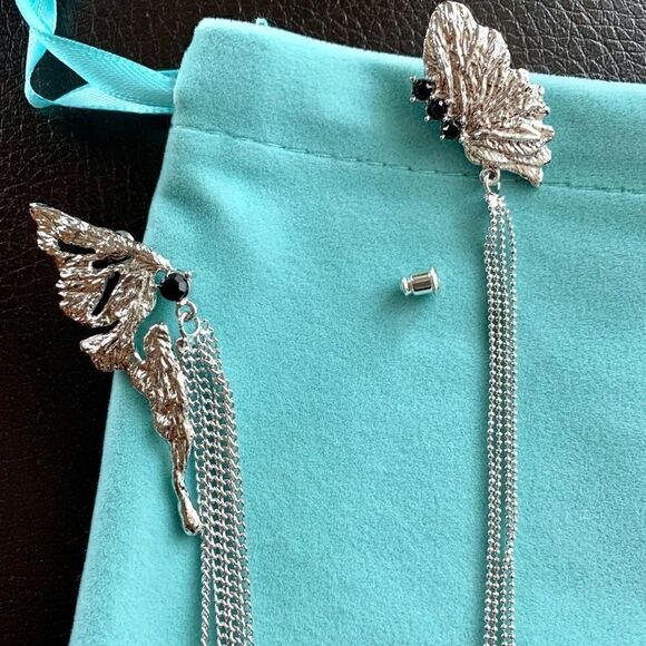 New 925 Silver Post  Asymmetric Butterfly Wing Long Tassel Earrings - Picture 12 of 13